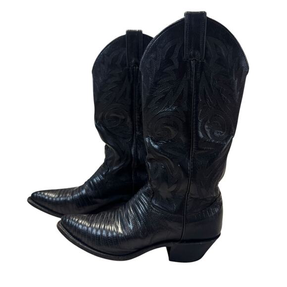 VTG 90s Justin Women Block Heel Cowboy Boots Black Lizard Leather 6B Western EUC - Picture 2 of 9